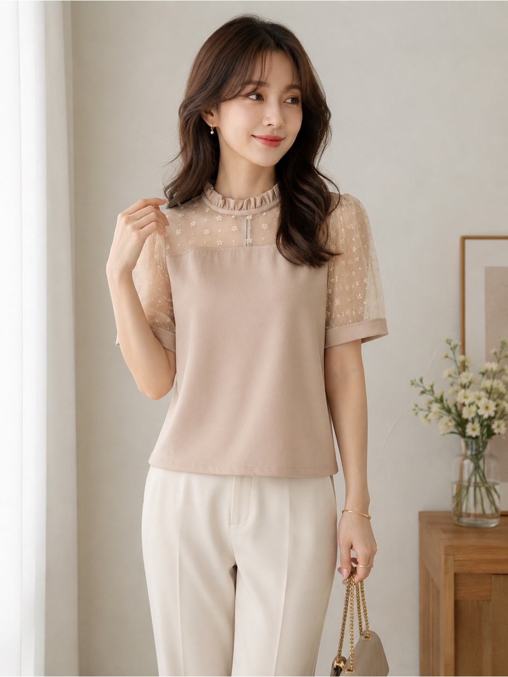 Adrianna Papell Blush Beige Mesh Yoke Ruffle Neck Blouse coquette office chic